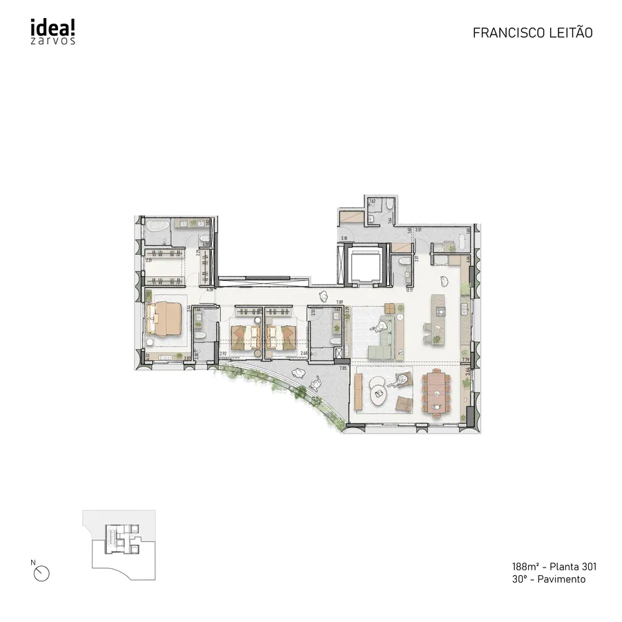 Planta Residencial 188 m² 188m² - Planta 301 · 30º Pavimento