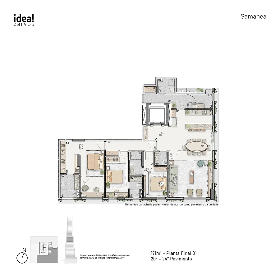 Planta Residencial 171 m² 171m² - Planta Final 01 · 20º - 24º Pavimento